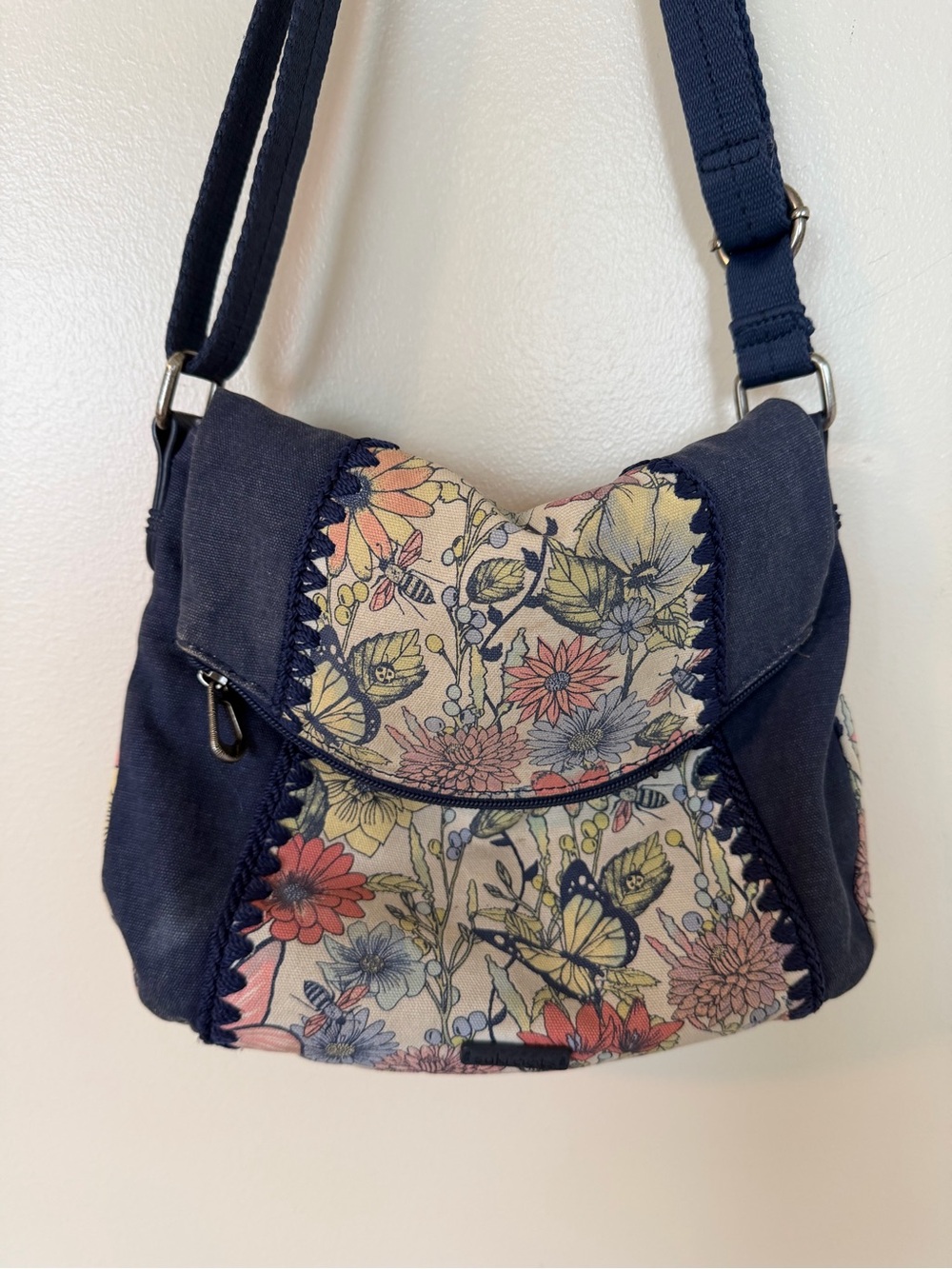 SAKROOTS Navy & Wildflower Butterfly Print Adjustable Crossbody Hobo Bag